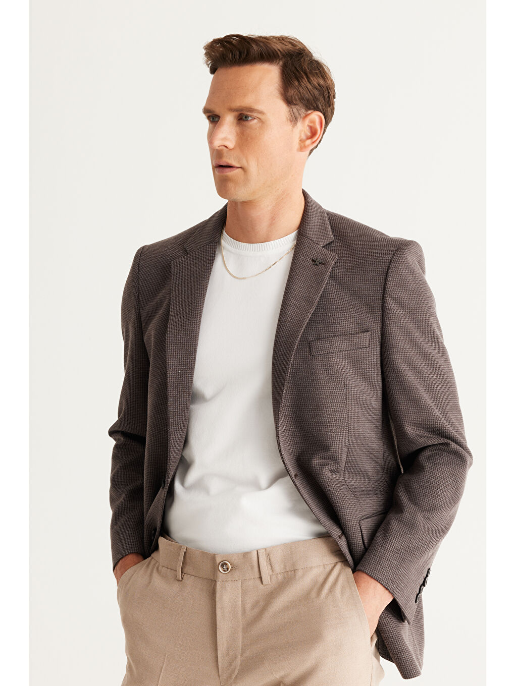 Erkek Kahverengi Comfort Fit Rahat Kesim Mono Yaka Örme Ceket-1