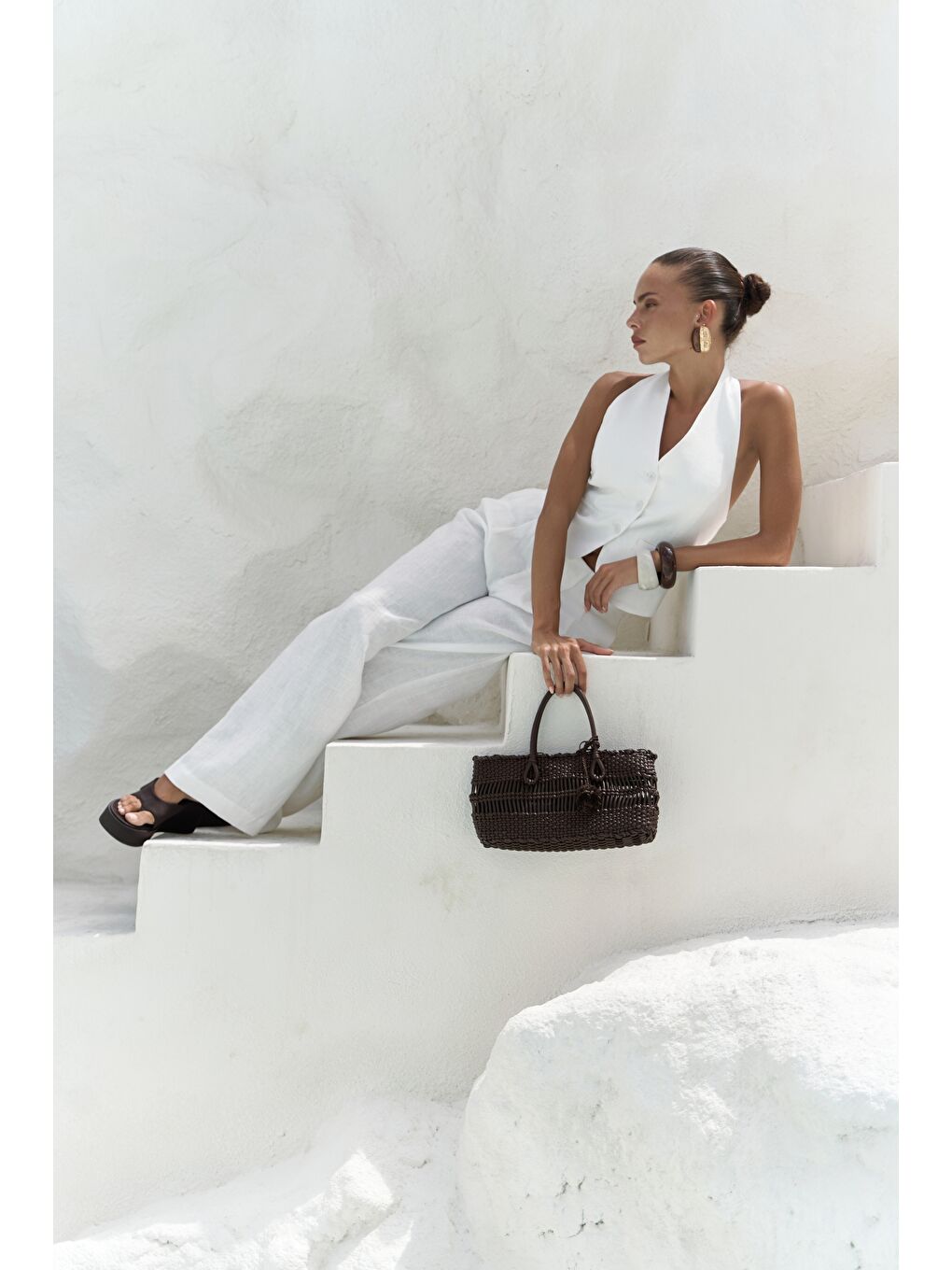 Dena Sırt Dekolteli Beyaz Keten Yelek Pantolon Takım-3