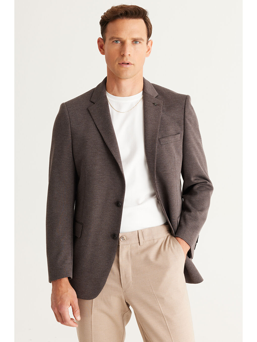 Erkek Kahverengi Comfort Fit Rahat Kesim Mono Yaka Örme Ceket-2