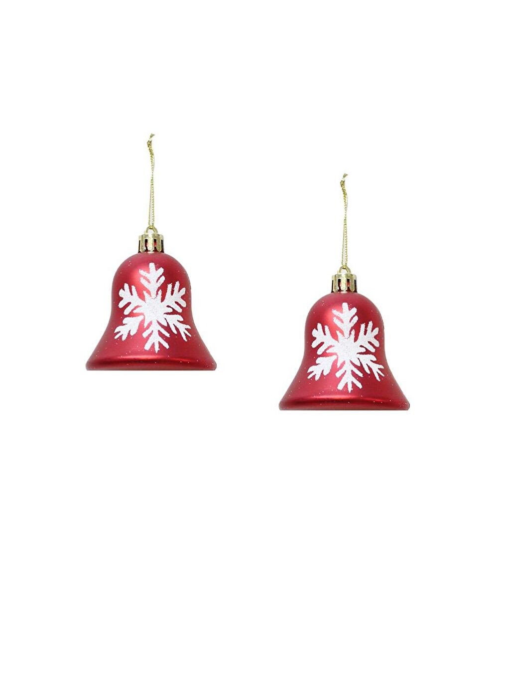 Yılbaşı Ağaç Süsü Çan Figürlü Kırmızı-Beyaz Kar Tanesi Desenli 7 cm 2'li Set-2