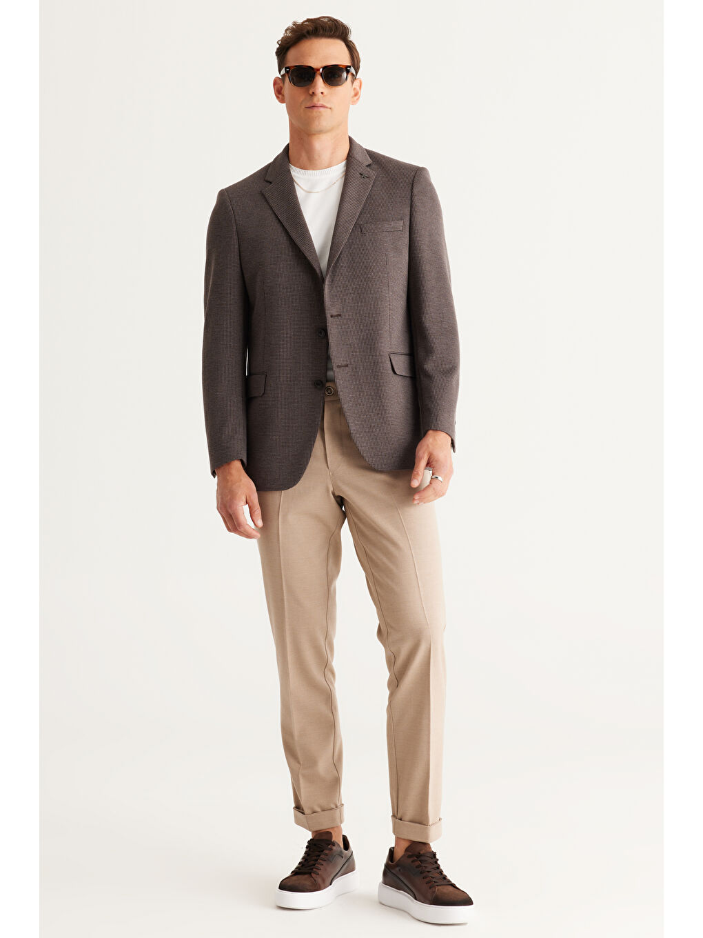 Erkek Kahverengi Comfort Fit Rahat Kesim Mono Yaka Örme Ceket-3