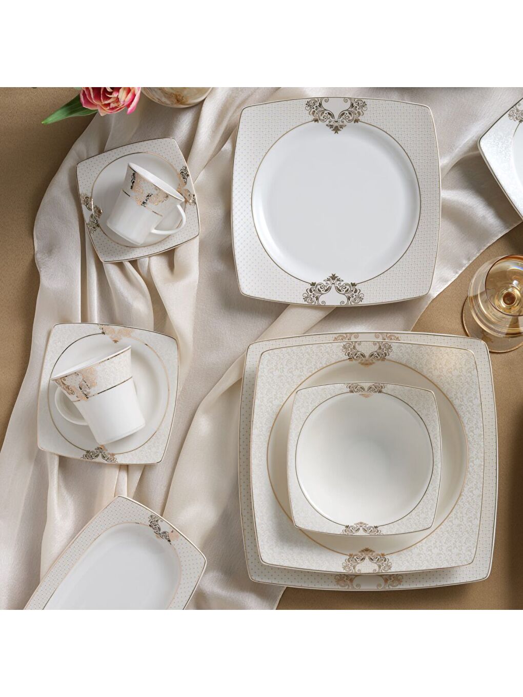 Ekru Caroline 85 Parça 12 Kişilik Kare Yemek Takımı 6600-2