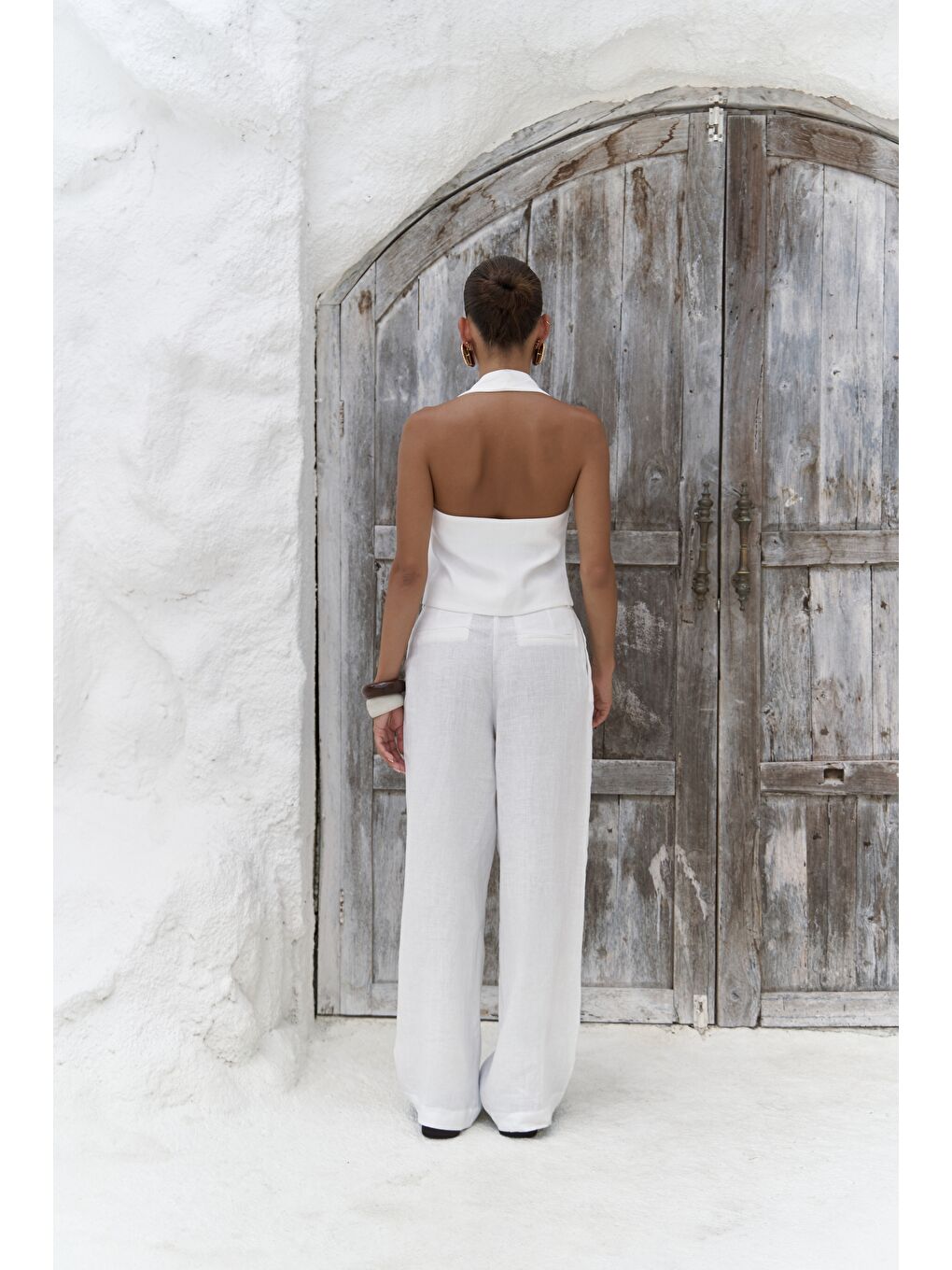 Dena Sırt Dekolteli Beyaz Keten Yelek Pantolon Takım-4