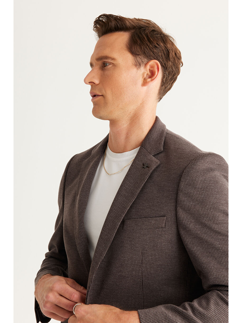 Erkek Kahverengi Comfort Fit Rahat Kesim Mono Yaka Örme Ceket-4