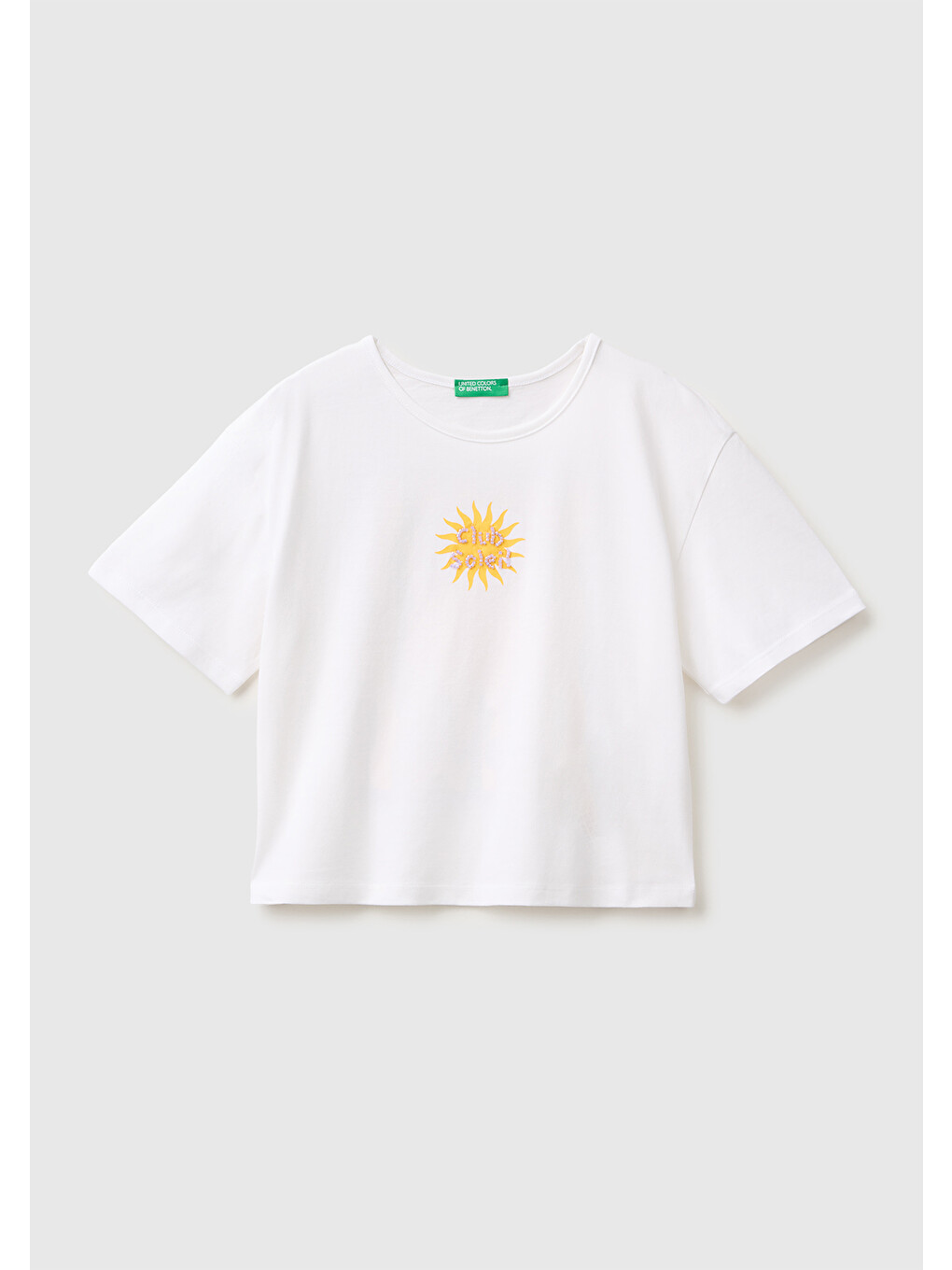Kız Çocuk Beyaz Ön ve Arka Baskı Detaylı Geniş Yaka T-Shirt