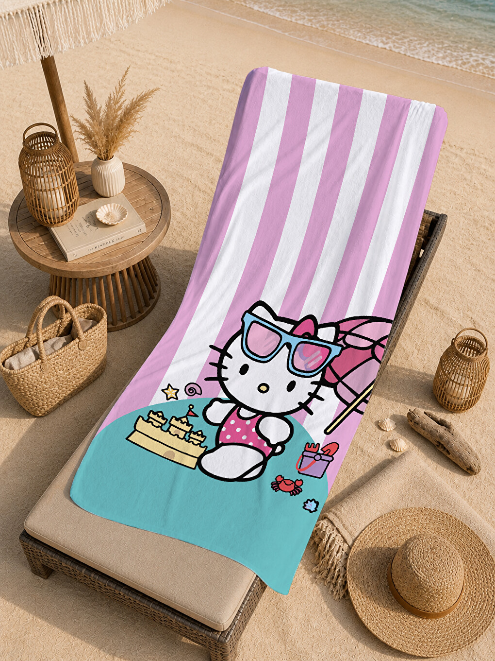 Pembe Beyaz Çizgili Sevimli Kedi Karakterli 70x150 Cm Dijital Baskılı Plaj Ve Banyo Havlusu-4