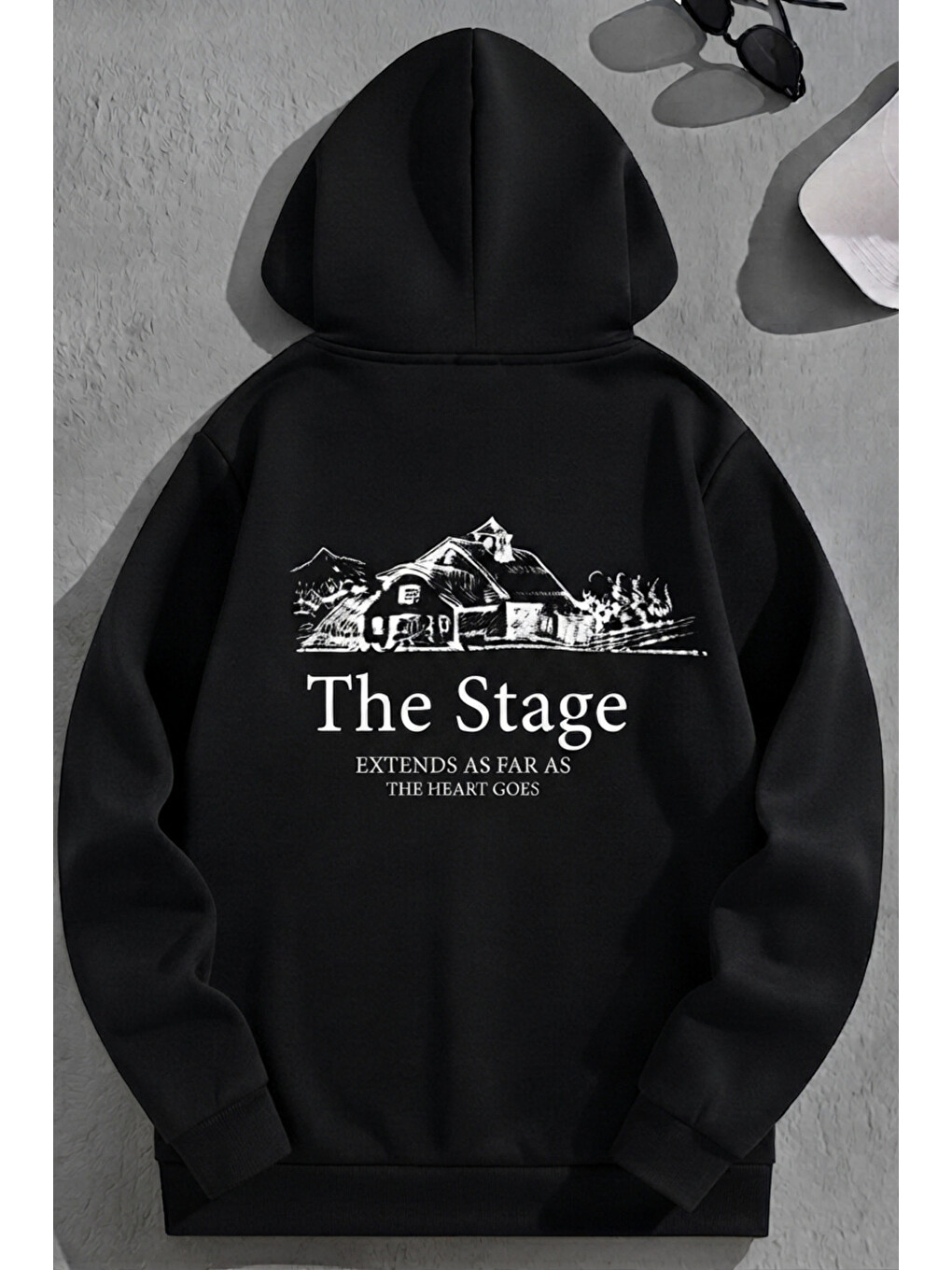 Unisex 3 İplik Pamuklu Siyah Bol Kalıp The Stage Baskı Sweatshirt Hoodie