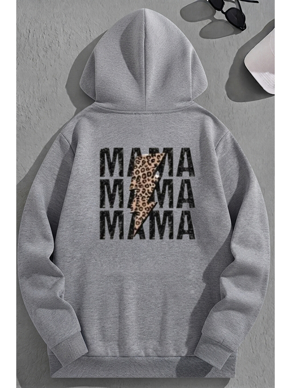 Unisex 3 İplik Pamuklu Gri Triplemama Baskı Bol Kalıp Sweatshirt Hoodie