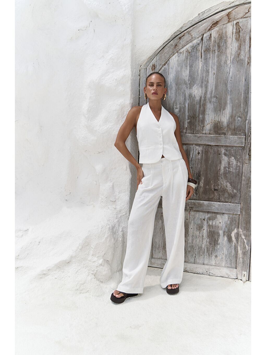 Dena Sırt Dekolteli Beyaz Keten Yelek Pantolon Takım-5
