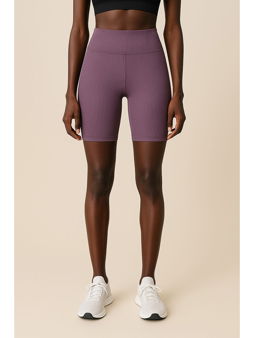 Mor Kadın Yüksek Bel Toparlayıcı Ripli Fitilli Kısa Spor Tayt