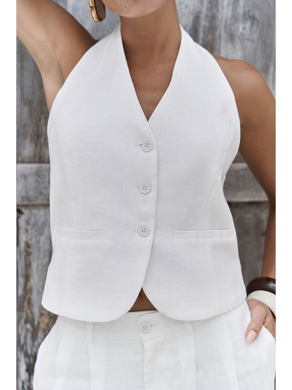 Dena Sırt Dekolteli Beyaz Keten Yelek Pantolon Takım-6