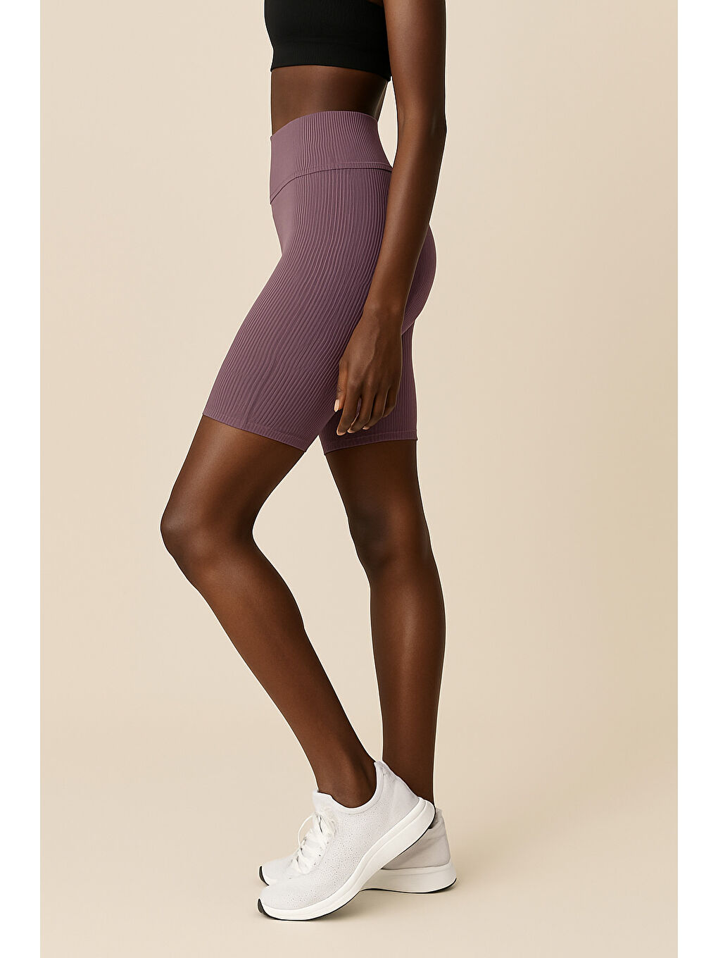 Mor Kadın Yüksek Bel Toparlayıcı Ripli Fitilli Kısa Spor Tayt-1