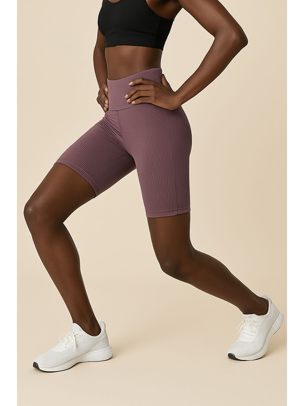 Mor Kadın Yüksek Bel Toparlayıcı Ripli Fitilli Kısa Spor Tayt-2