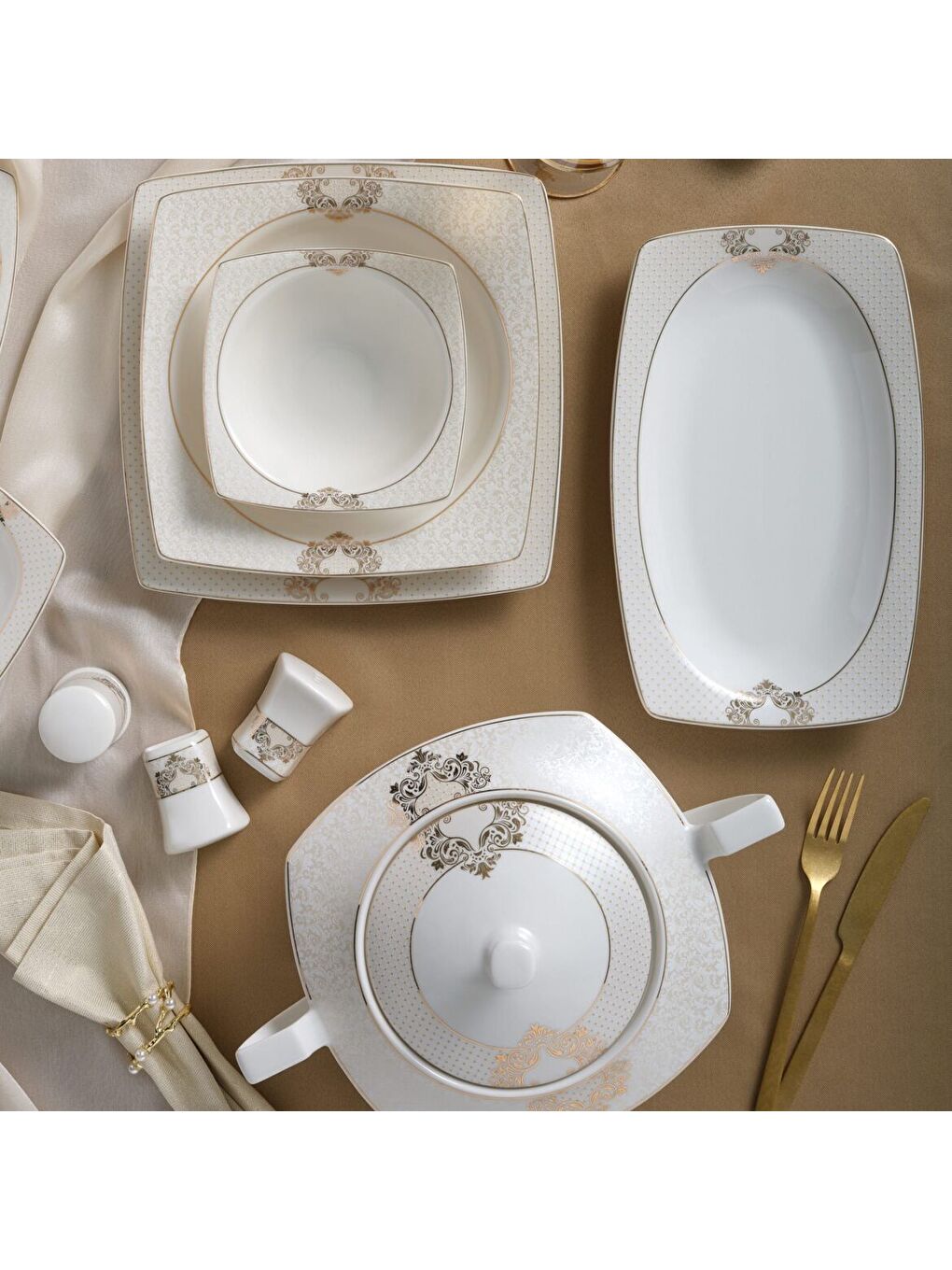 Ekru Caroline 85 Parça 12 Kişilik Kare Yemek Takımı 6600-3