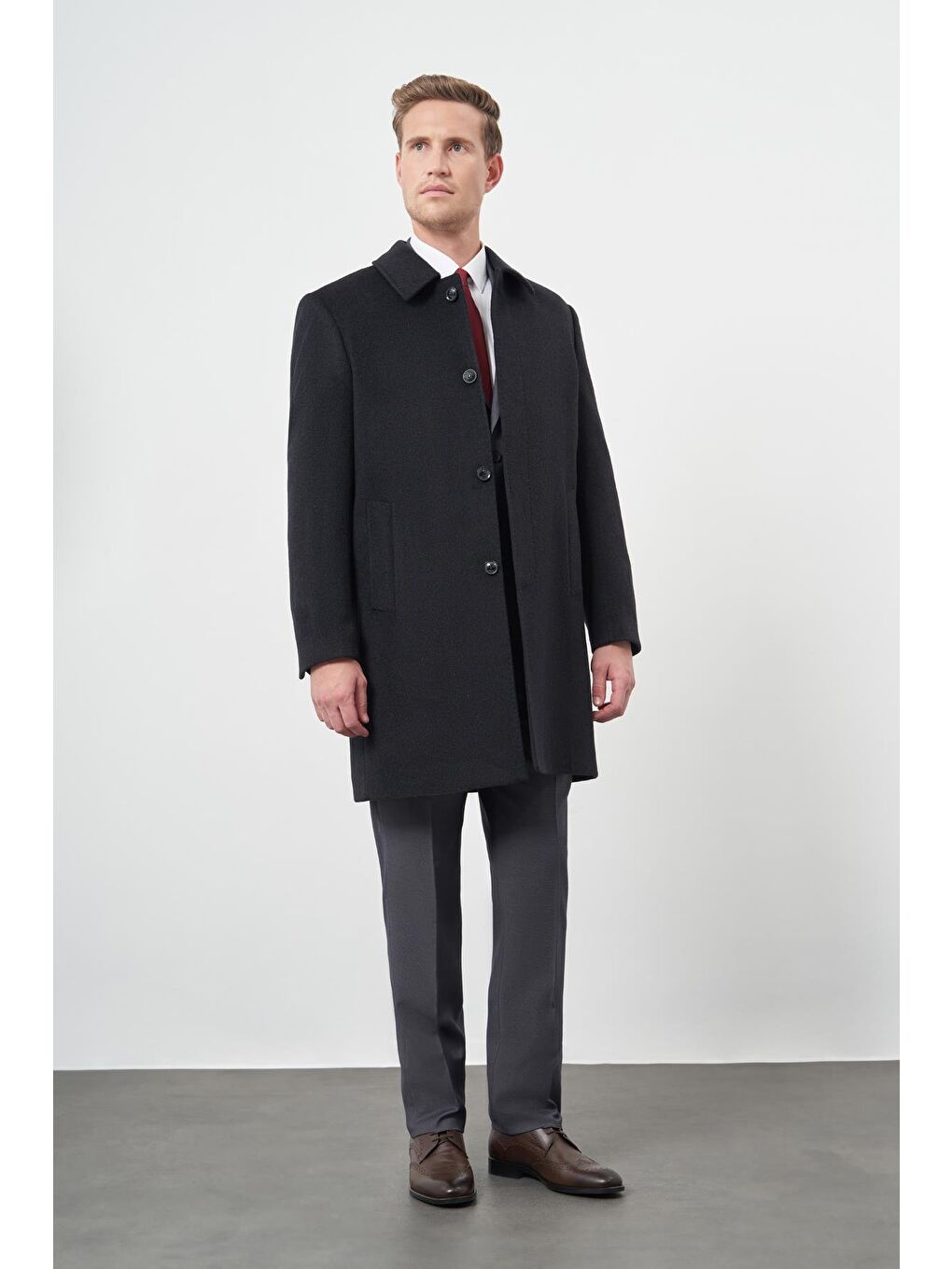 Koyu Antrasit 110 Cm Kaşe Düz Sırt Kapitoneli Astar Comfort Fit Classic Palto 1005245154