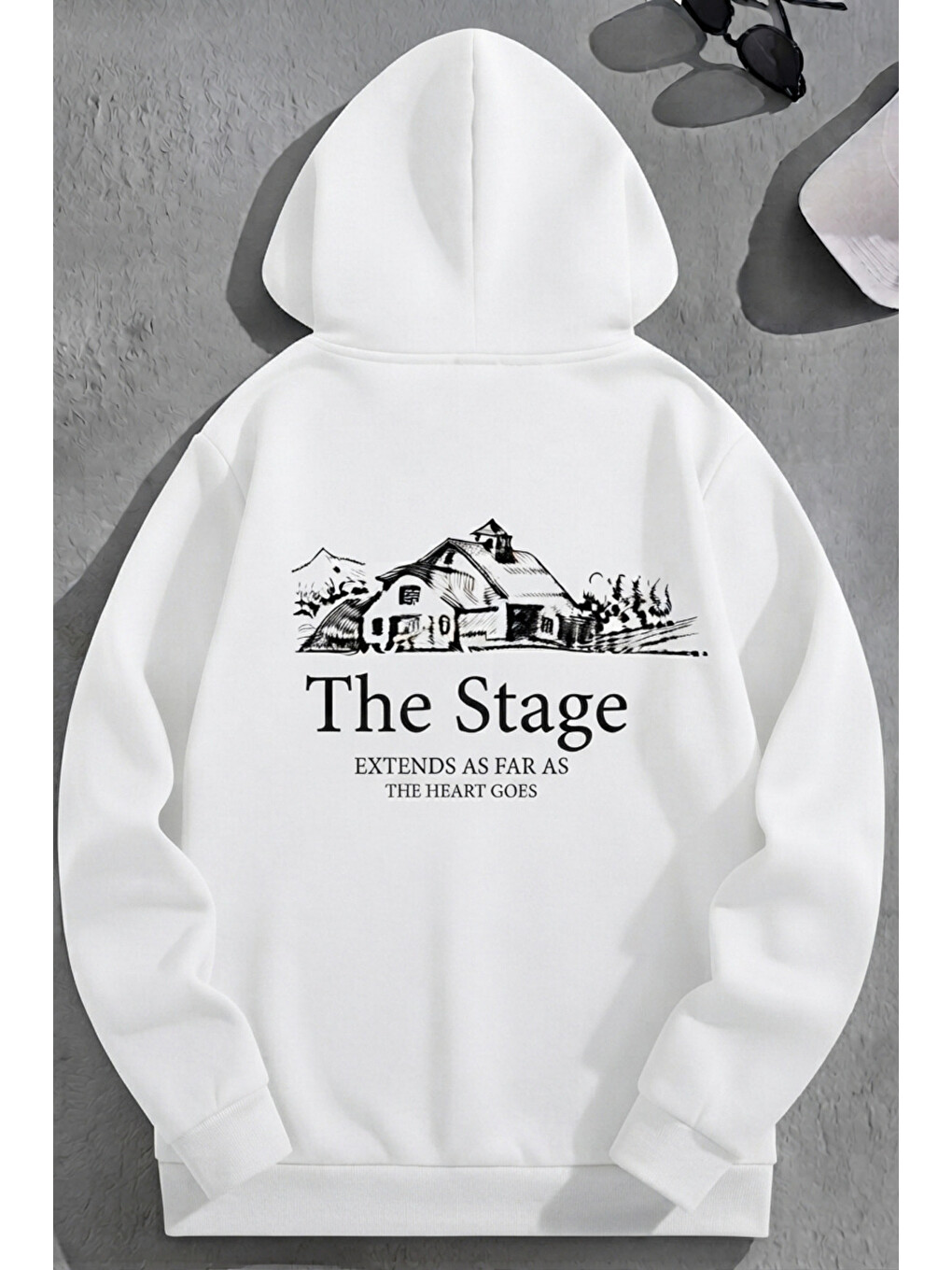 Unisex 3 İplik Pamuklu Beyaz Bol Kalıp The Stage Baskı Sweatshirt Hoodie
