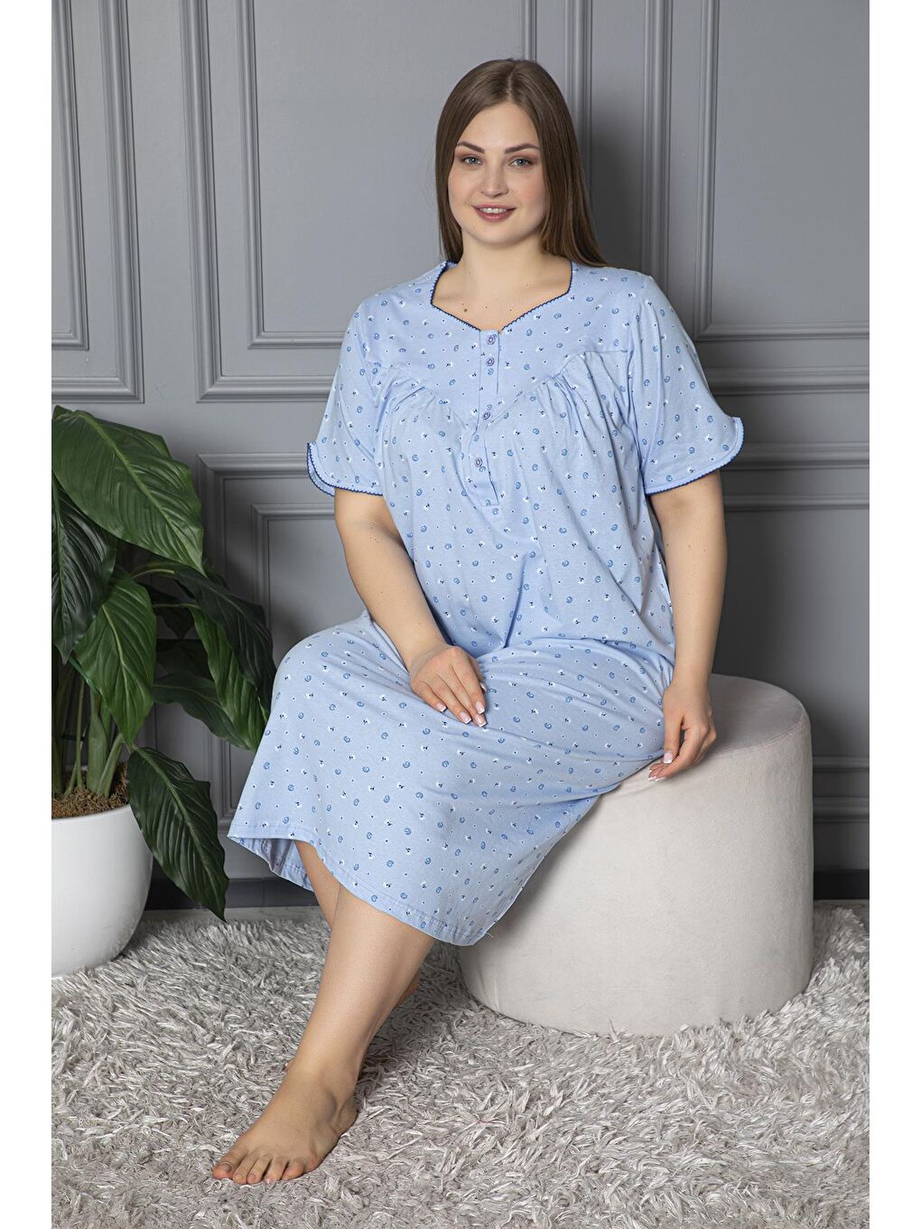Mavi %100 Pamuklu Kısa Kol Penye Büyük Beden Anne Geceliği 127-1