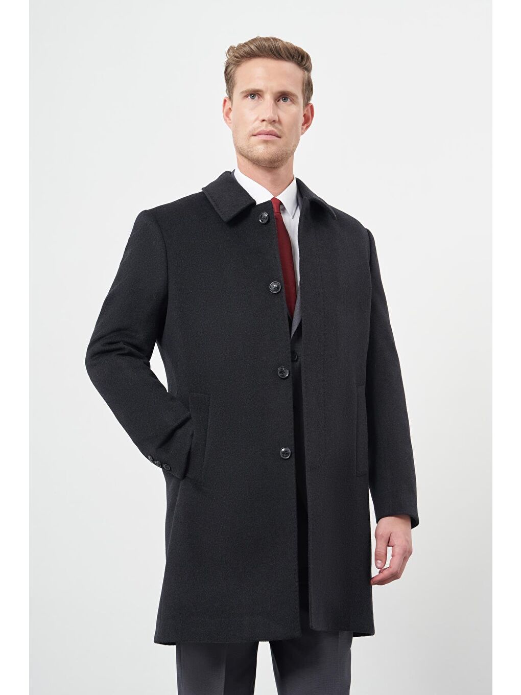 Koyu Antrasit 110 Cm Kaşe Düz Sırt Kapitoneli Astar Comfort Fit Classic Palto 1005245154-1