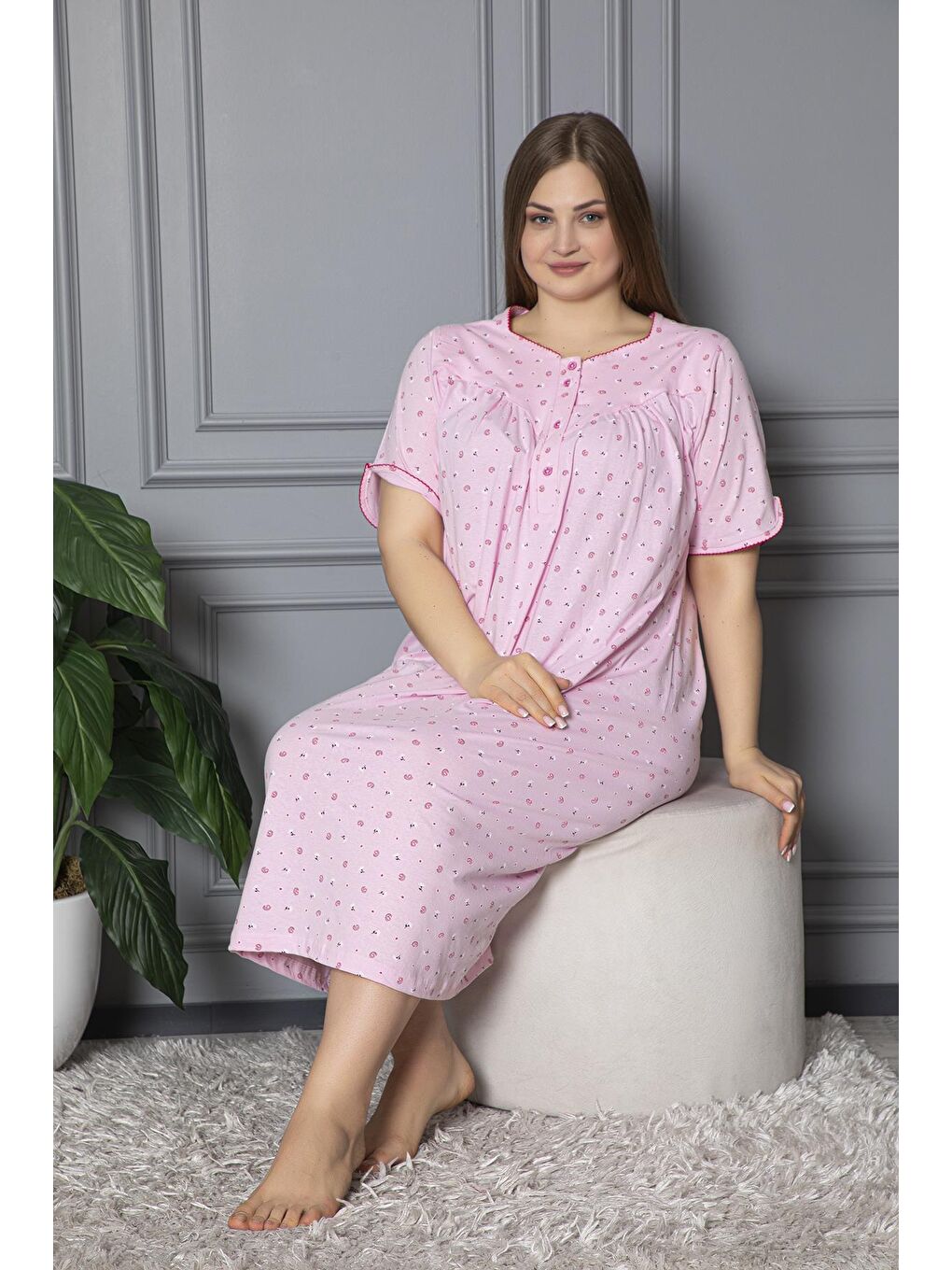 Pembe %100 Pamuklu Kısa Kol Penye Büyük Beden Anne Geceliği 127-1