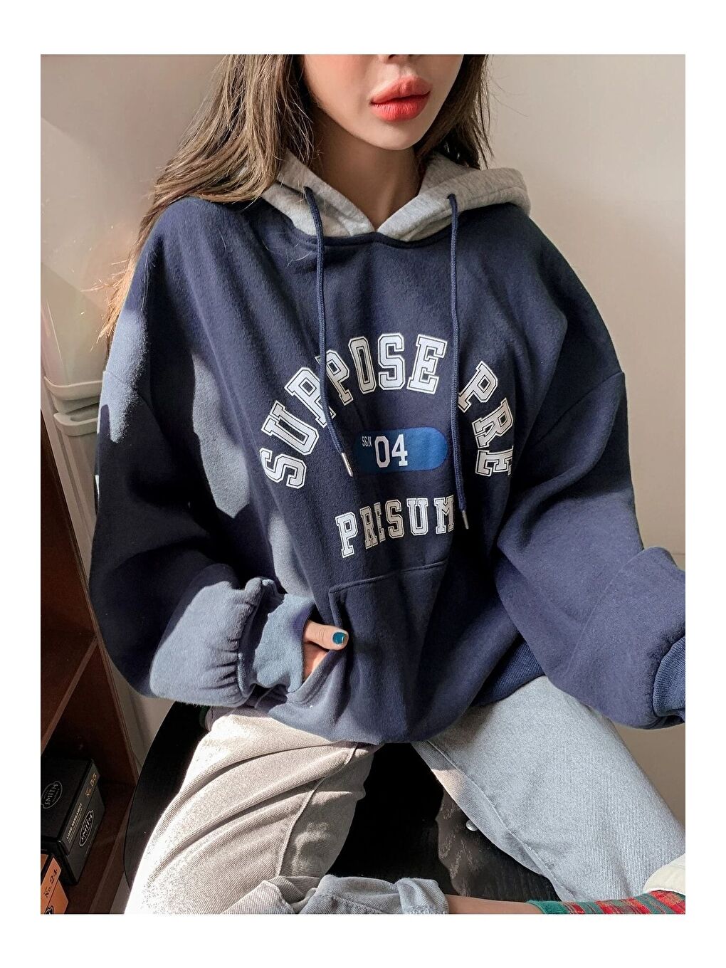 Trendseninle Lacivert Kadın Lacivert Suppose Baskılı Oversize Sweatshirt