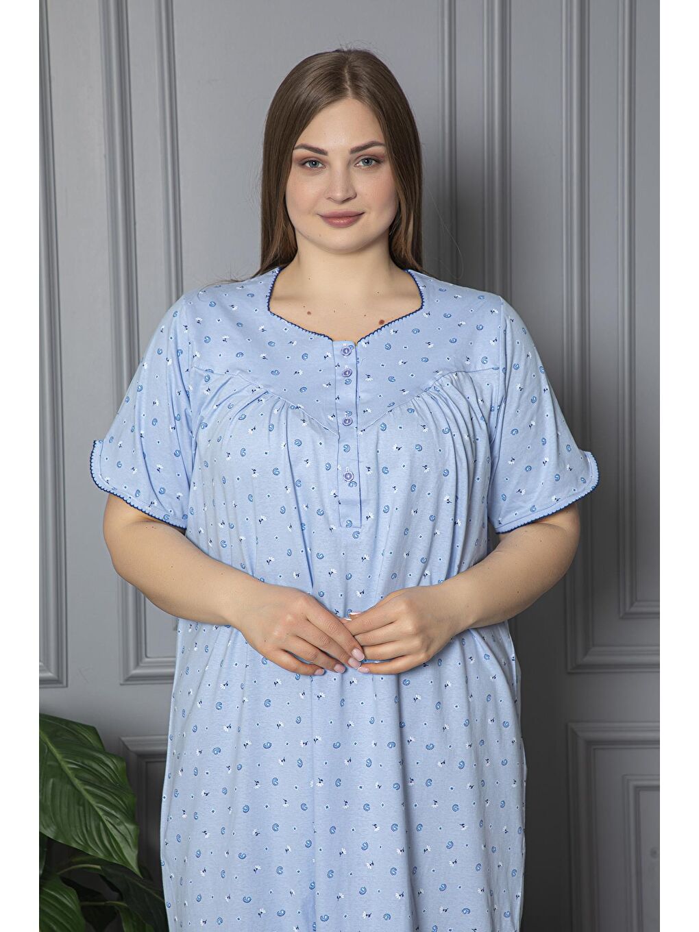 Mavi %100 Pamuklu Kısa Kol Penye Büyük Beden Anne Geceliği 127-2