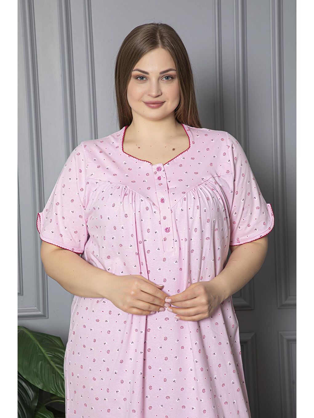 Pembe %100 Pamuklu Kısa Kol Penye Büyük Beden Anne Geceliği 127-2