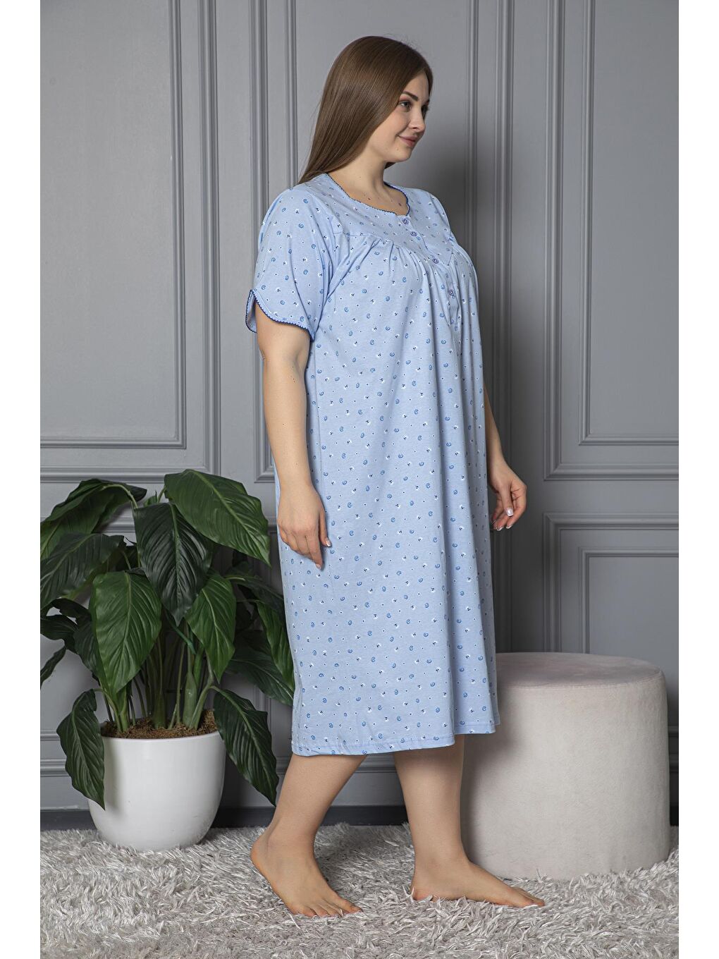 Mavi %100 Pamuklu Kısa Kol Penye Büyük Beden Anne Geceliği 127-3