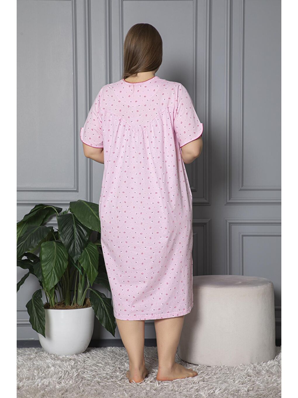 Pembe %100 Pamuklu Kısa Kol Penye Büyük Beden Anne Geceliği 127-3