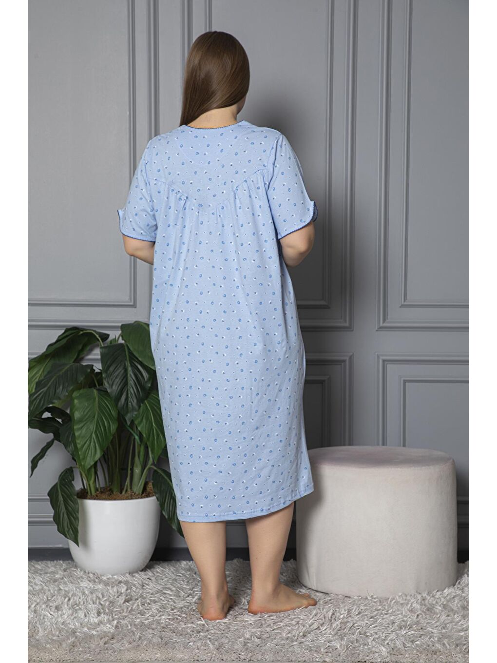 Mavi %100 Pamuklu Kısa Kol Penye Büyük Beden Anne Geceliği 127-4