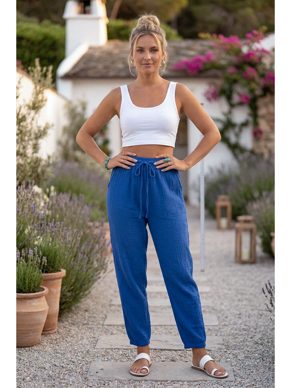 Saks Mavisi Cepli Lastikli Ve Bağlamalı Bel Şalvar Paça Casual Müslin Dokuma Pantolon 95 66-2