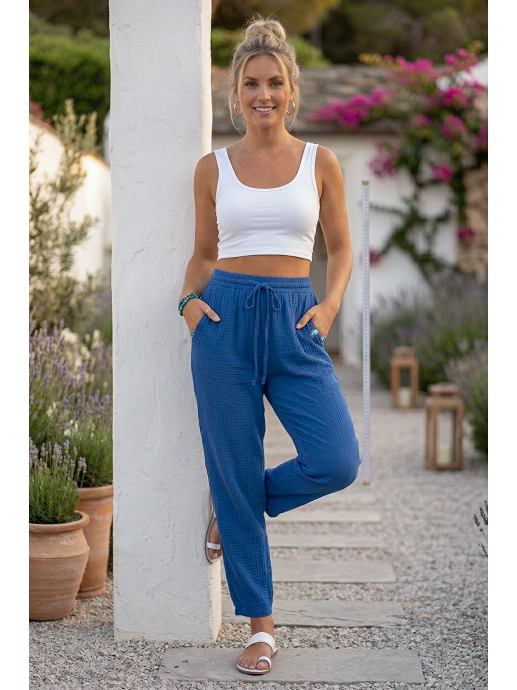 Saks Mavisi Cepli Lastikli Ve Bağlamalı Bel Şalvar Paça Casual Müslin Dokuma Pantolon 95 66-3