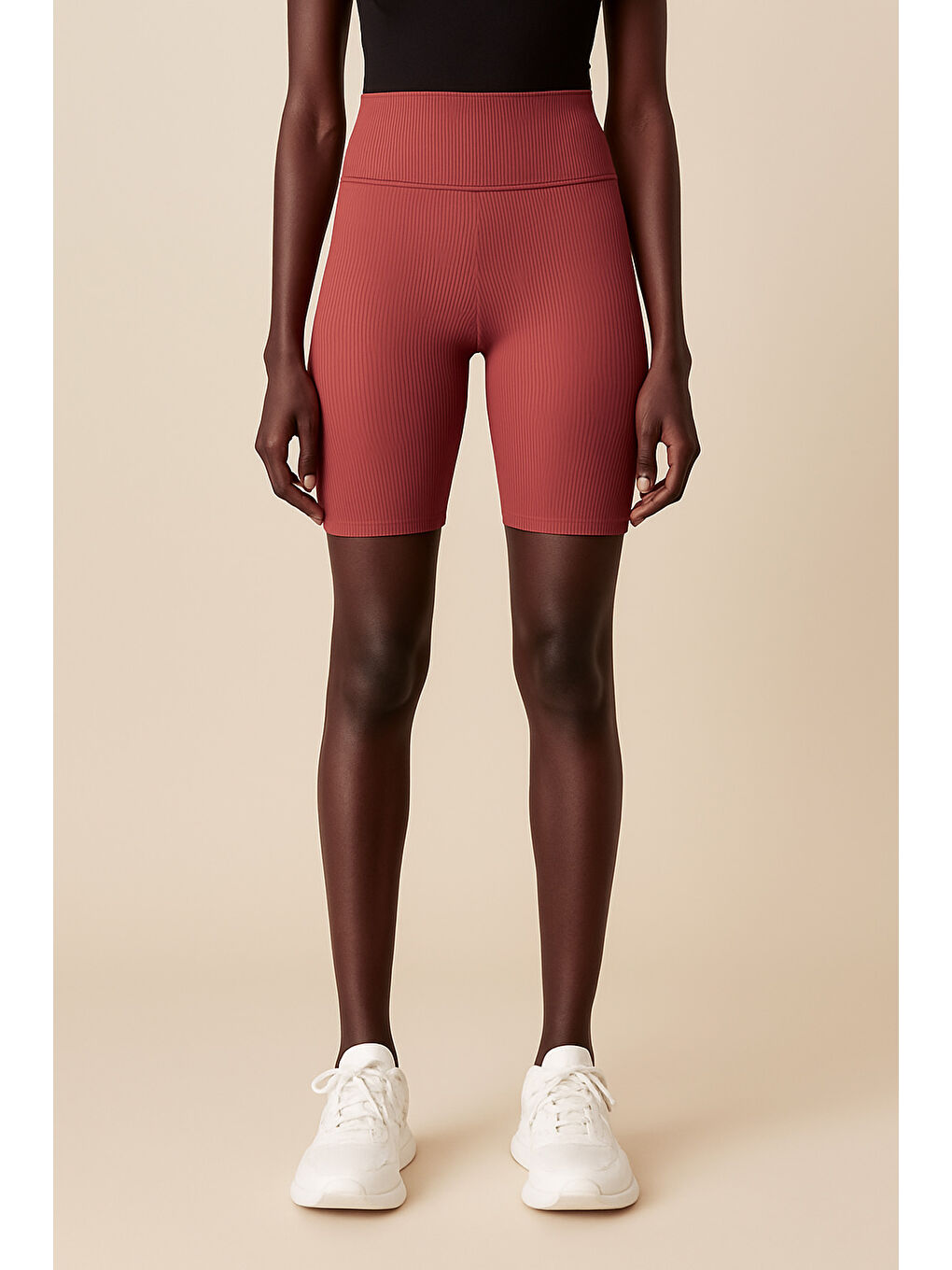 Kahverengi Kadın Yüksek Bel Toparlayıcı Ripli Fitilli Kısa Spor Tayt