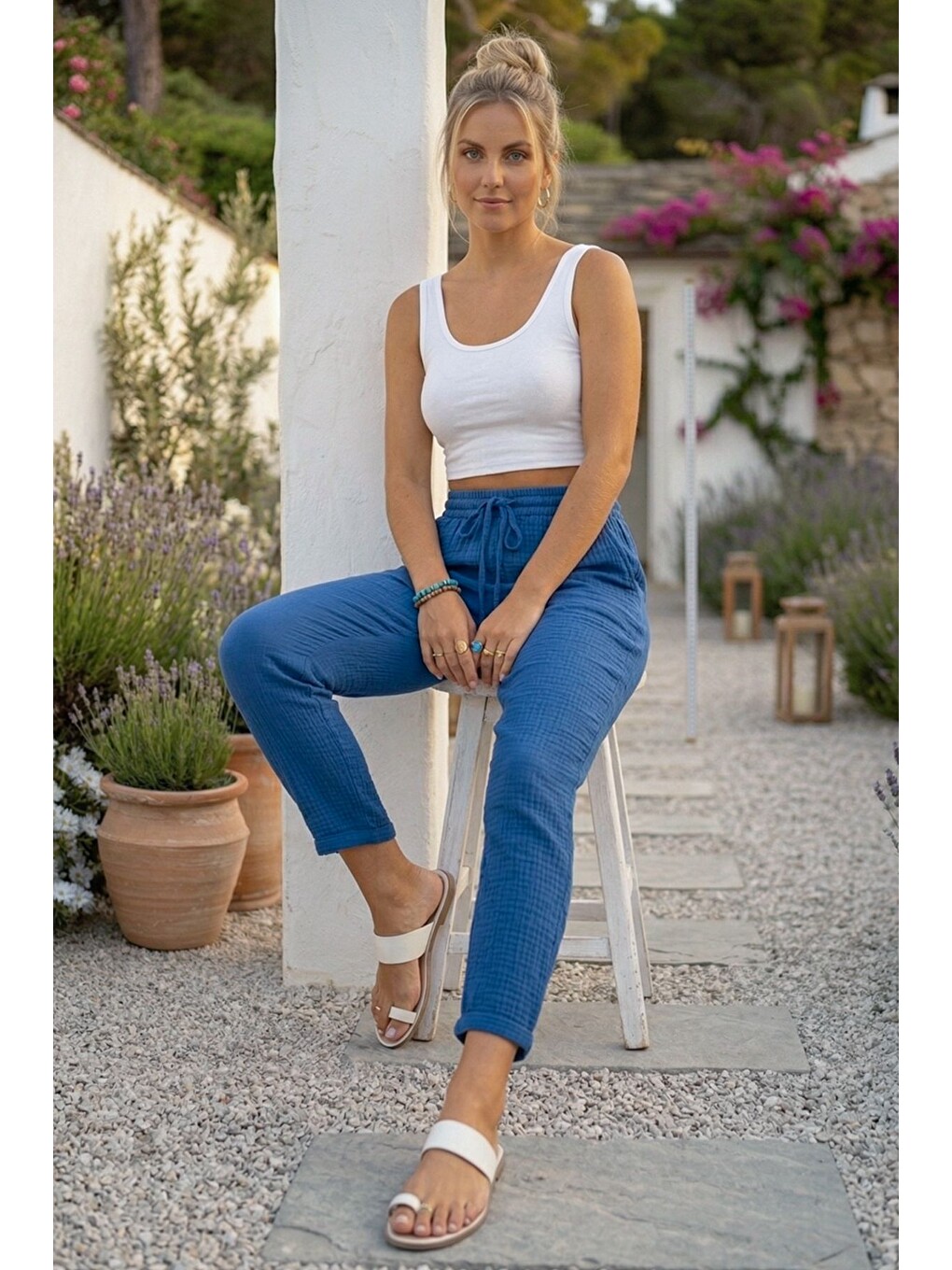 Saks Mavisi Cepli Lastikli Ve Bağlamalı Bel Şalvar Paça Casual Müslin Dokuma Pantolon 95 66-5