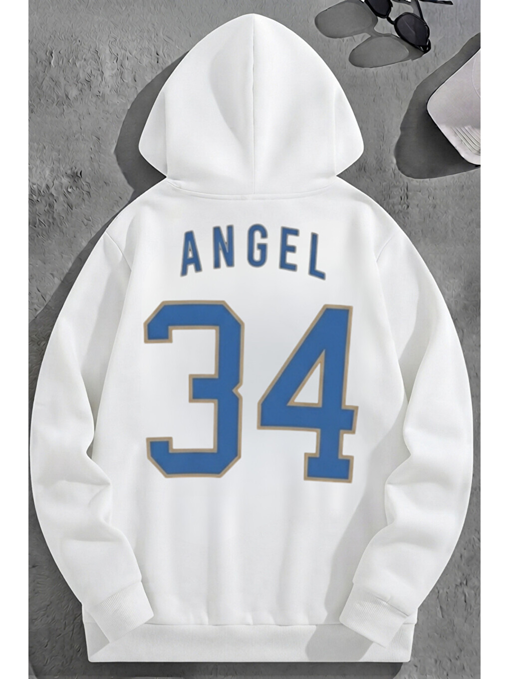 Unisex 3 İplik Pamuklu Beyaz Angel34 Baskı Bol Kalıp Sweatshirt Hoodie