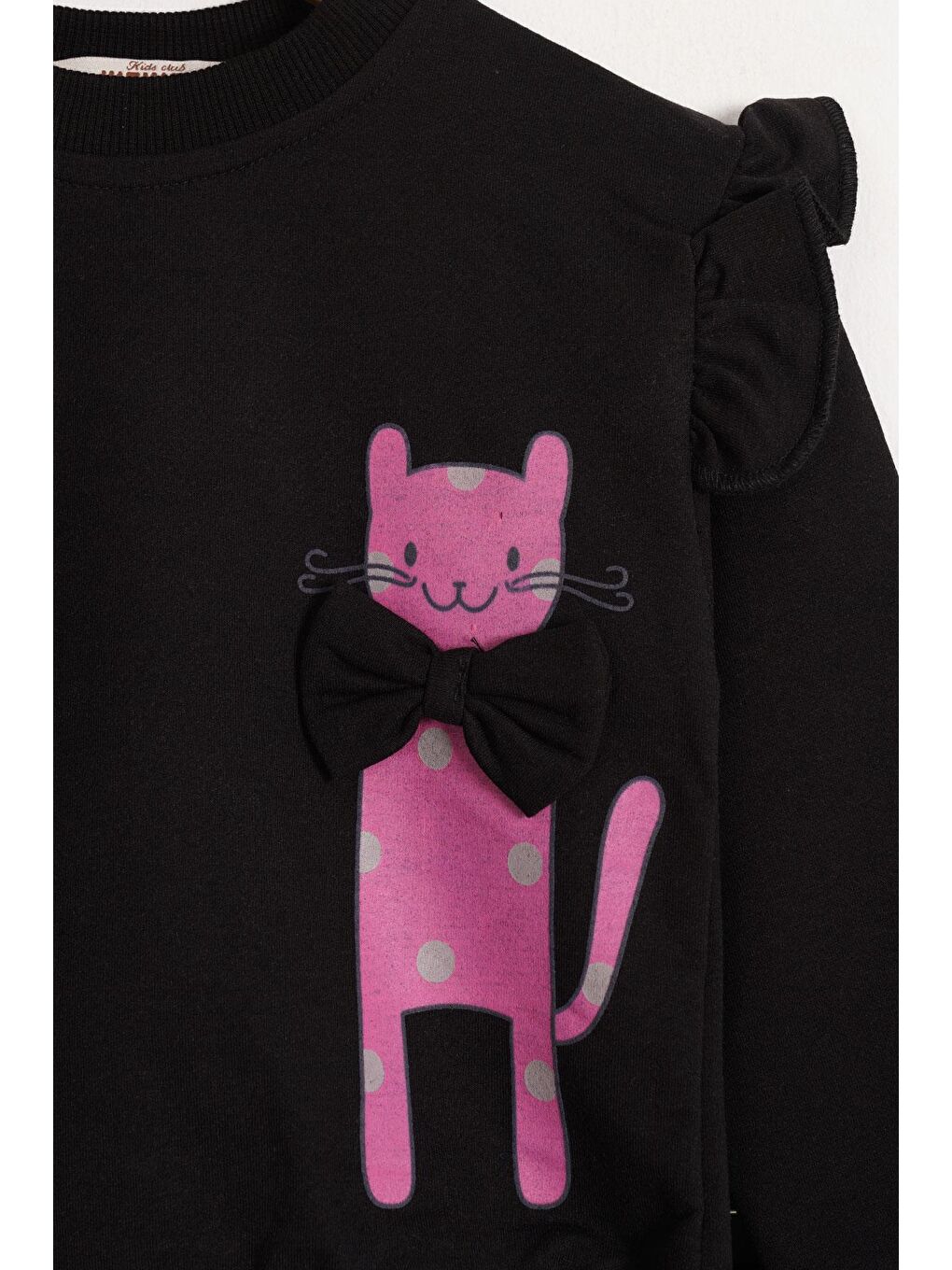 Bisiklet Yaka Uzun Kol Kedi Baskılı Siyah Renk Kız Çocuk Eşofman Takımı-1