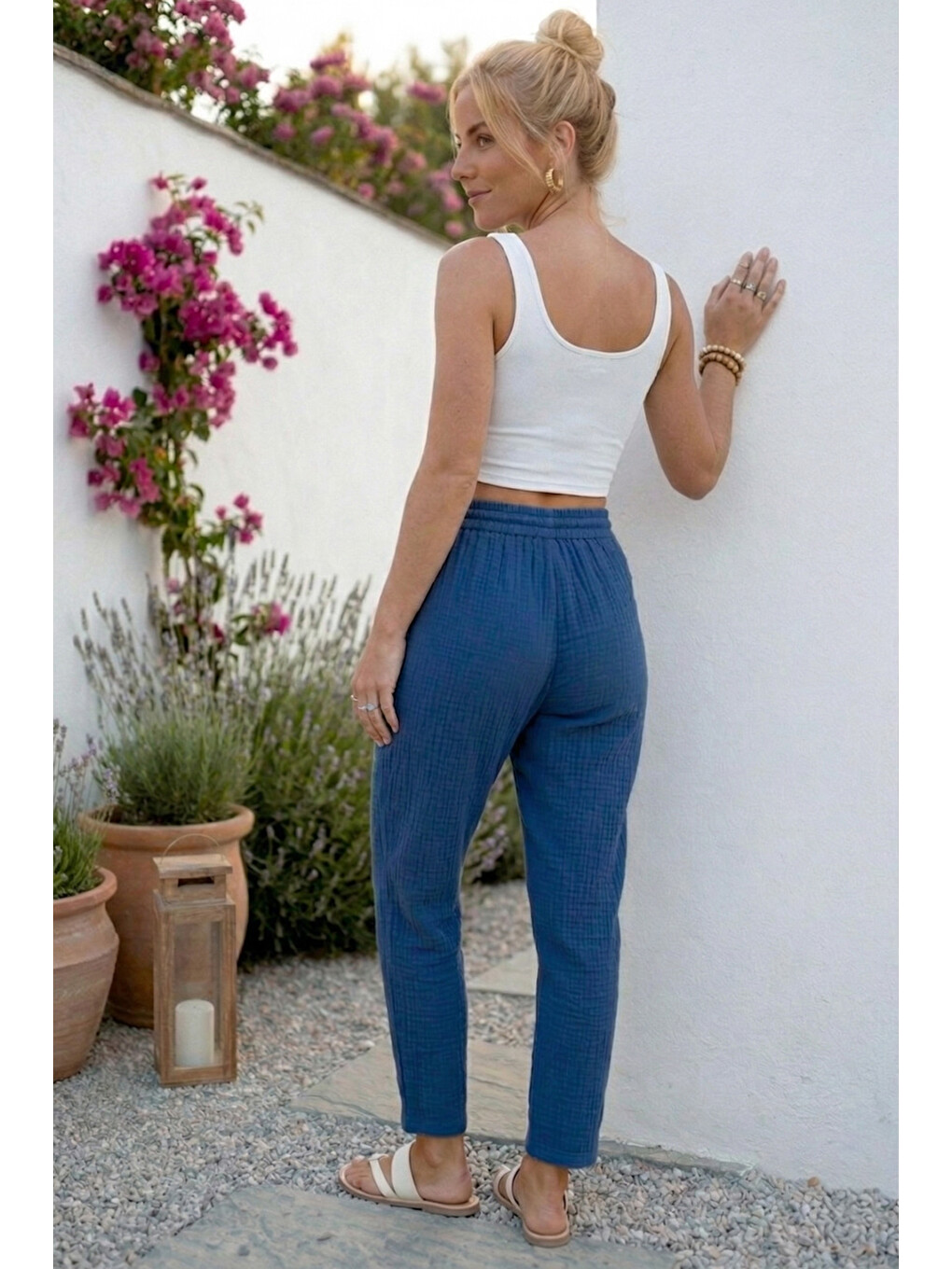 Saks Mavisi Cepli Lastikli Ve Bağlamalı Bel Şalvar Paça Casual Müslin Dokuma Pantolon 95 66-6
