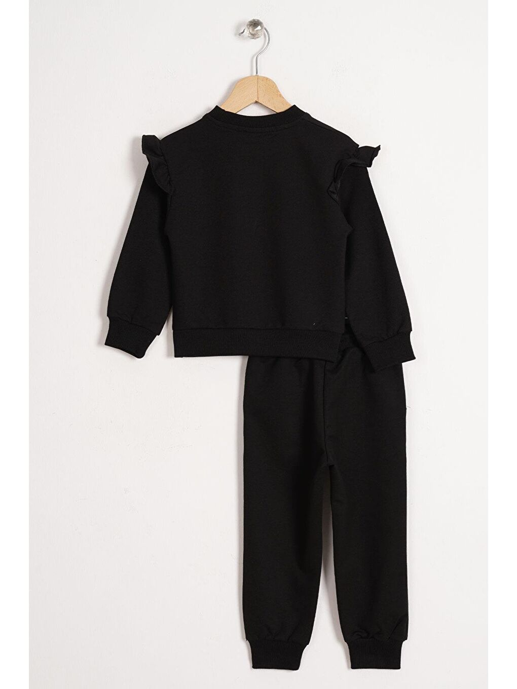 Bisiklet Yaka Uzun Kol Kedi Baskılı Siyah Renk Kız Çocuk Eşofman Takımı-2