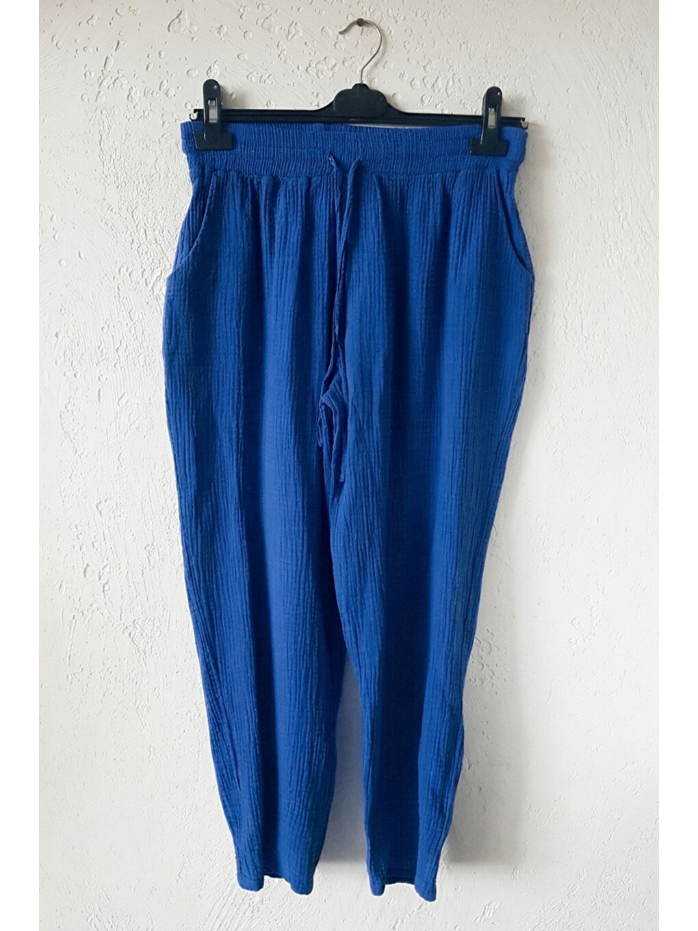 Saks Mavisi Cepli Lastikli Ve Bağlamalı Bel Şalvar Paça Casual Müslin Dokuma Pantolon 95 66-7
