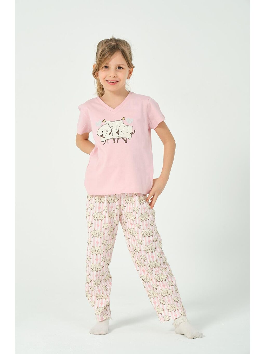 Pembe Kız Çocuk Çizgili Desenli Kısa Kollu Pijama Takımı-1