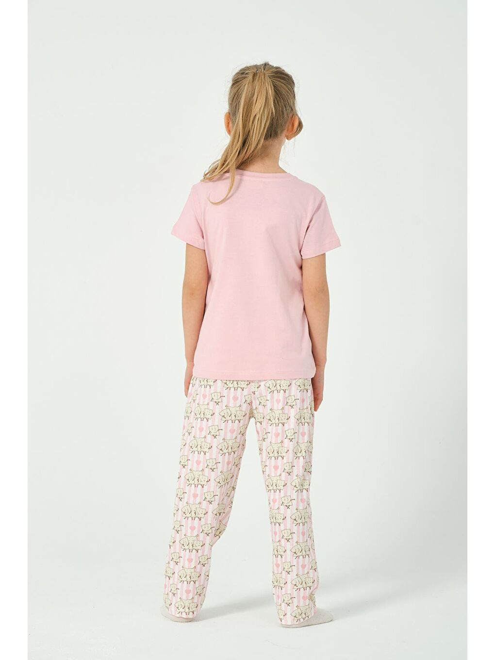 Pembe Kız Çocuk Çizgili Desenli Kısa Kollu Pijama Takımı-2