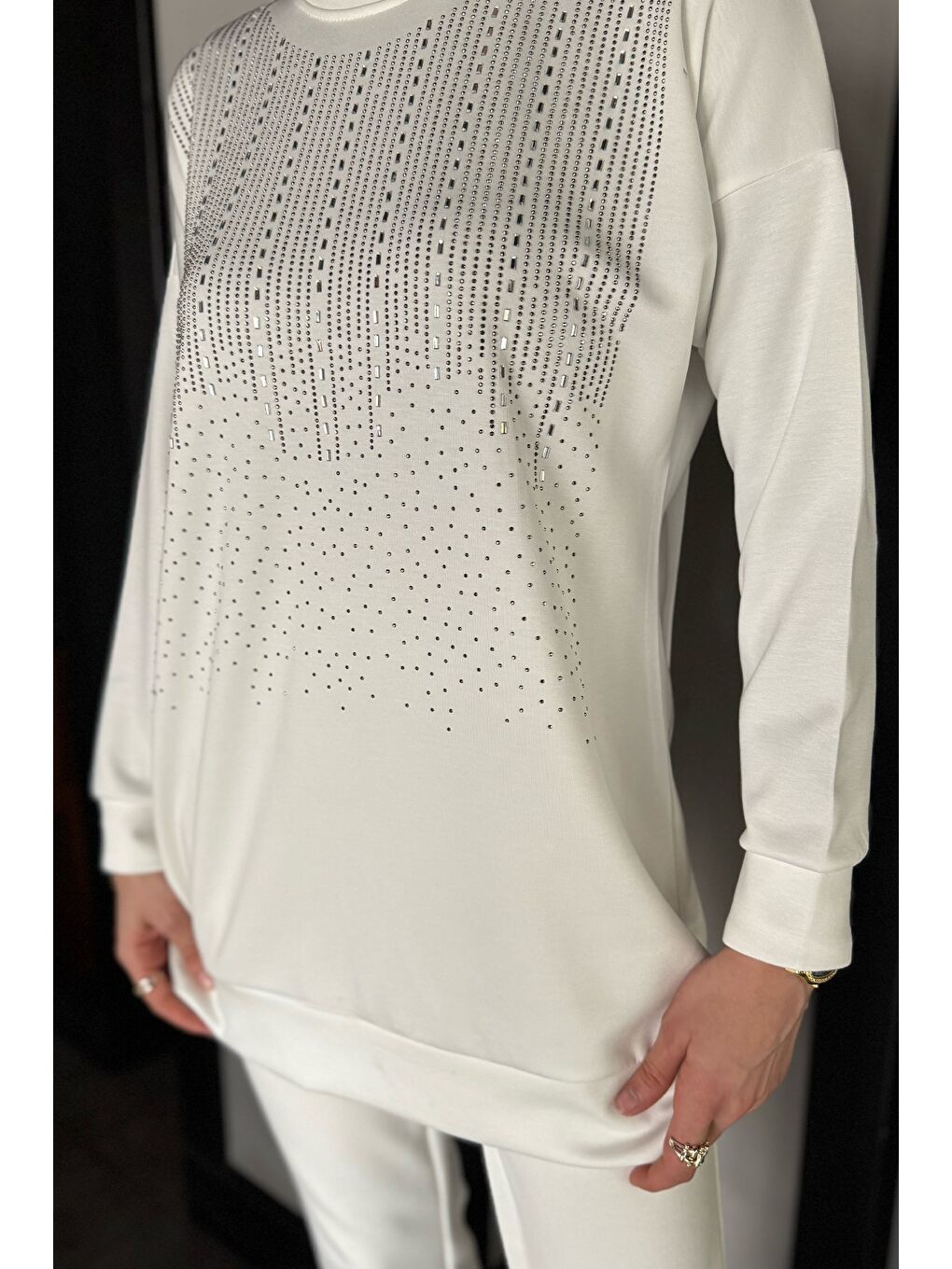 Beyaz Büyük Beden Taşlı Tesettür Tunik Pantolon İkili Takım-5