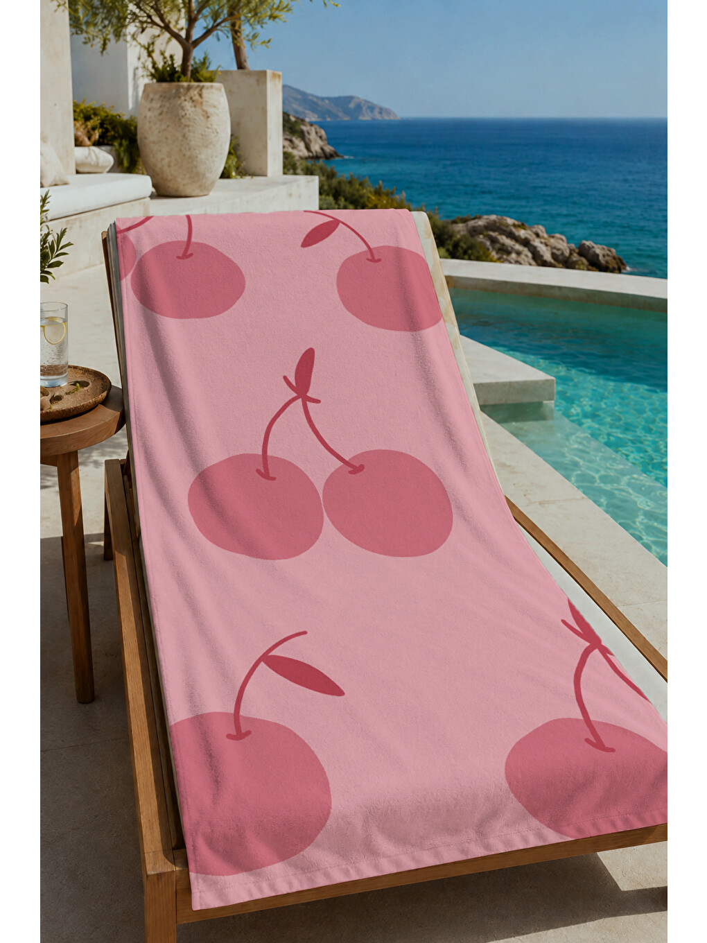 Pudra Pembe Minimal Kiraz Desenli 70x150 Cm Dijital Baskılı Plaj Ve Banyo Havlusu
