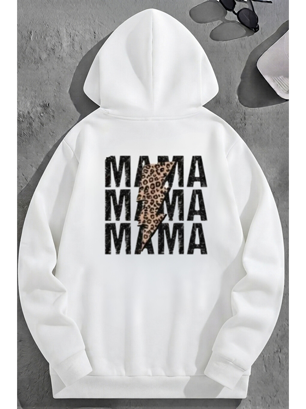 Unisex 3 İplik Pamuklu Beyaz Triplemama Baskı Bol Kalıp Sweatshirt Hoodie