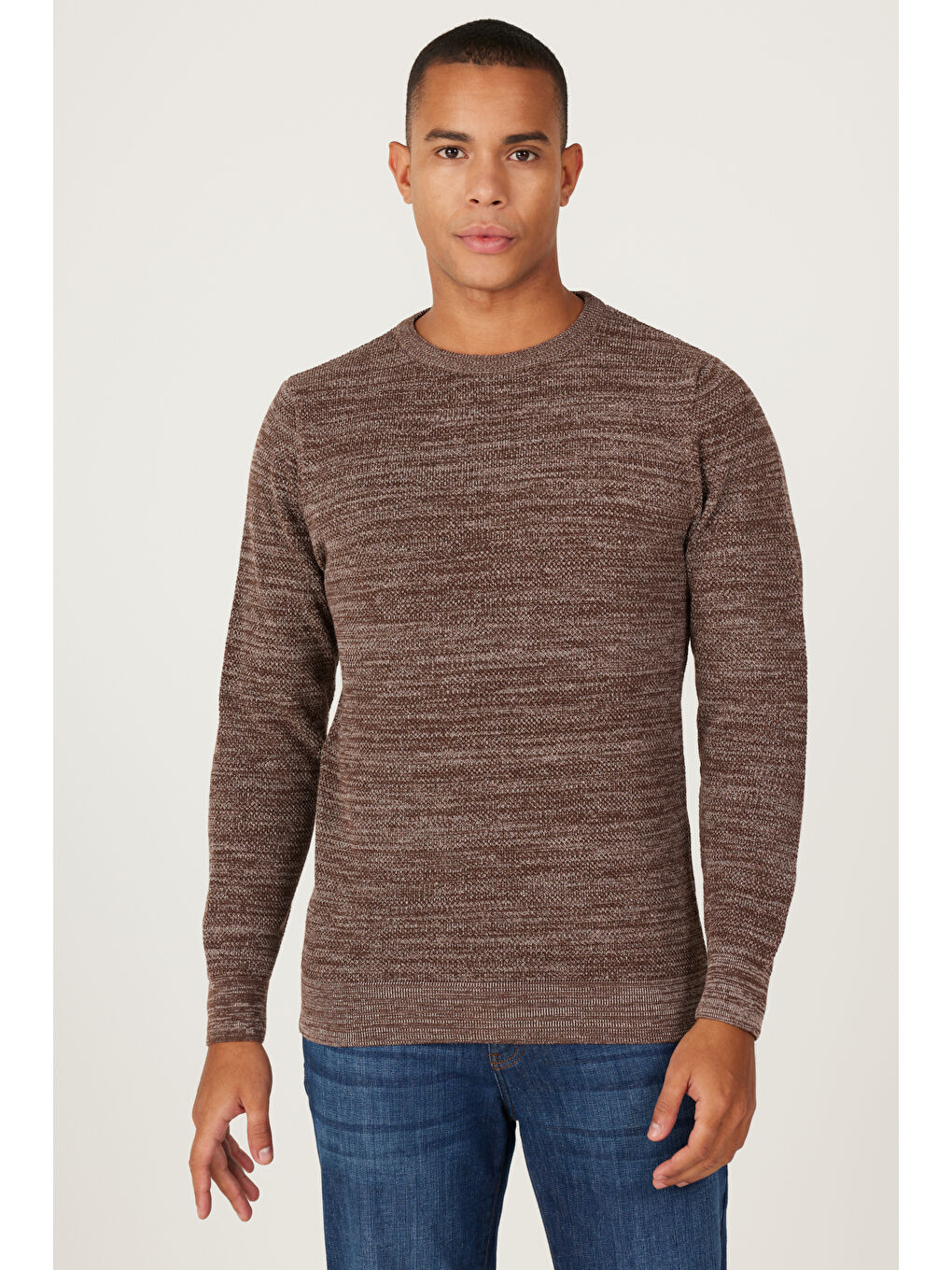 Kahverengi Erkek Kahve-Bej Recycle Standart Fit Normal Kesim Bisiklet Yaka Pirinç Örgü Desenli Triko