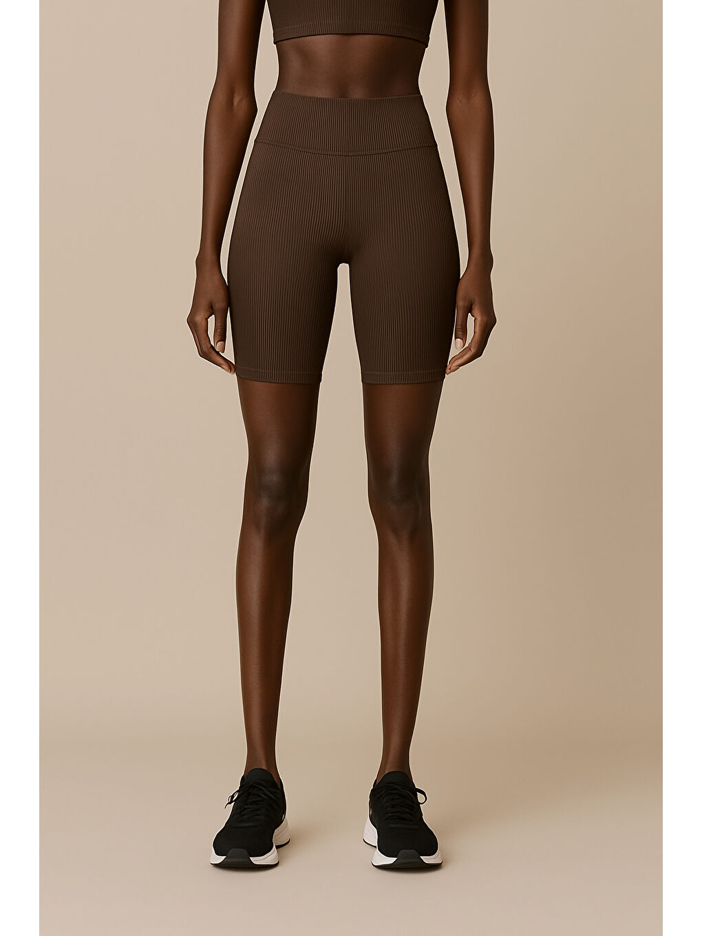 Kahverengi Kadın Yüksek Bel Toparlayıcı Ripli Fitilli Kısa Spor Tayt