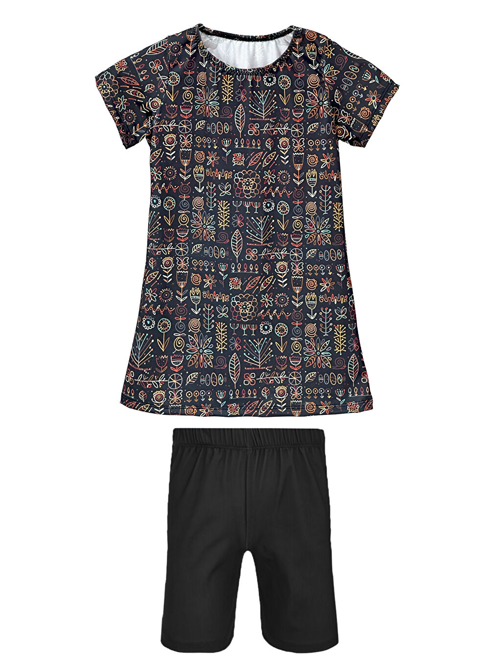 Kahverengi Kız Çocuk Kısa Kollu Elastanlı Taytlı Yarı Kapalı Mayo R5005 Çiçek