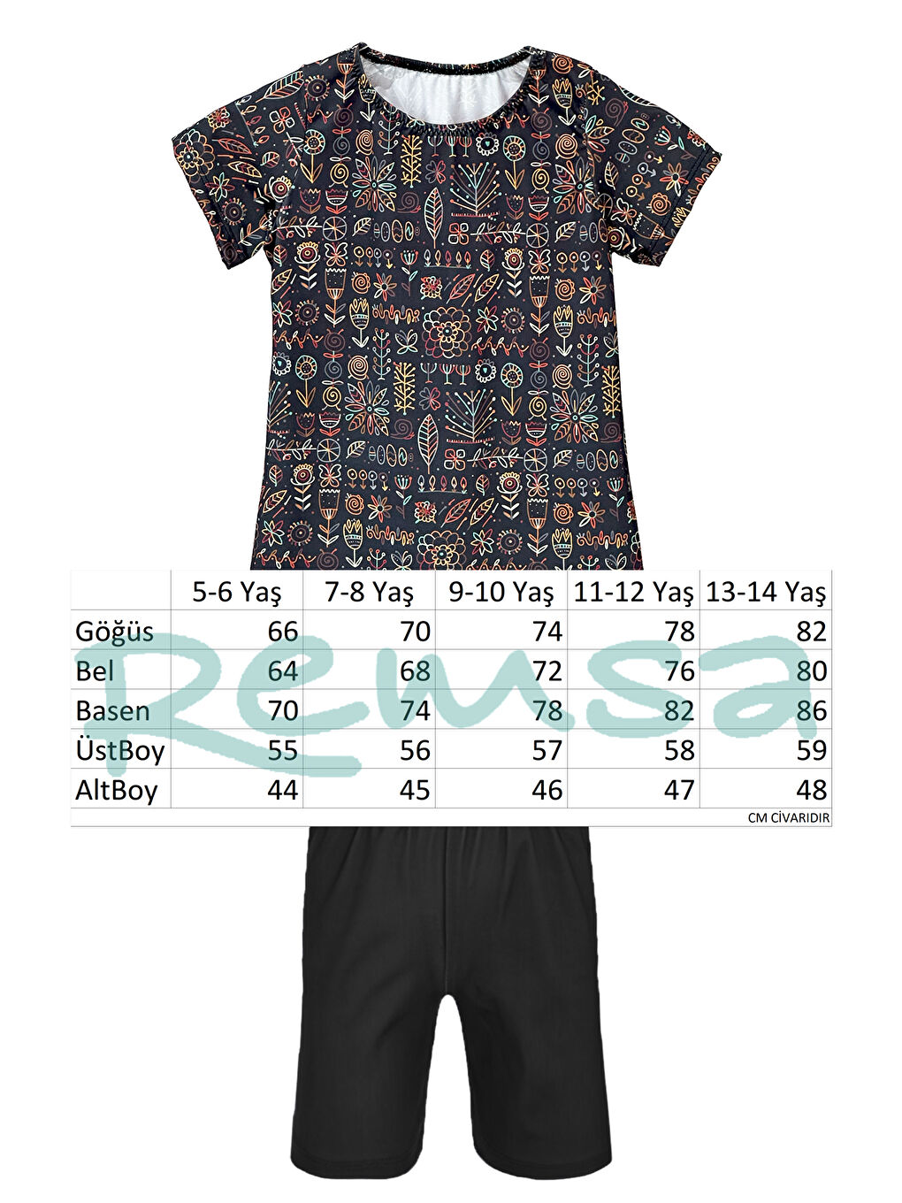 Kahverengi Kız Çocuk Kısa Kollu Elastanlı Taytlı Yarı Kapalı Mayo R5005 Çiçek-1