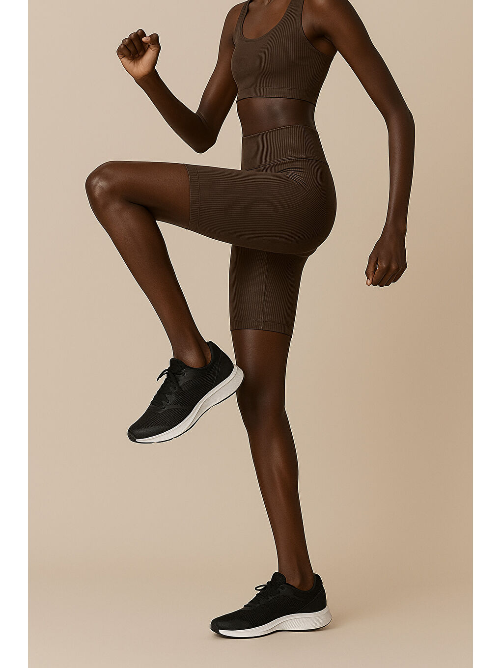 Kahverengi Kadın Yüksek Bel Toparlayıcı Ripli Fitilli Kısa Spor Tayt-2