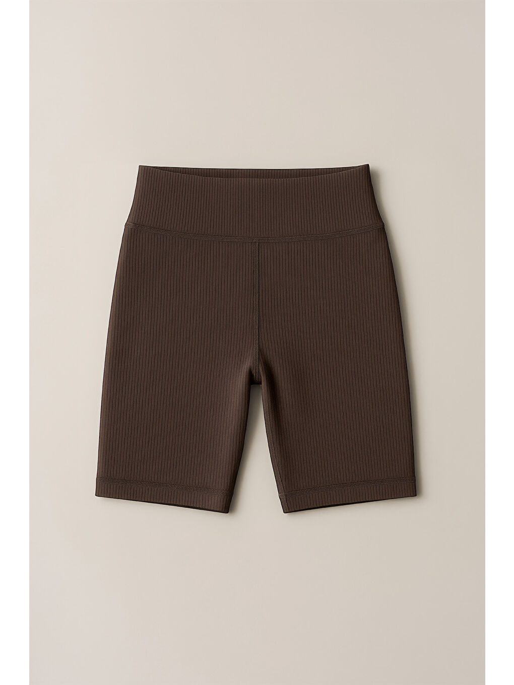 Kahverengi Kadın Yüksek Bel Toparlayıcı Ripli Fitilli Kısa Spor Tayt-3