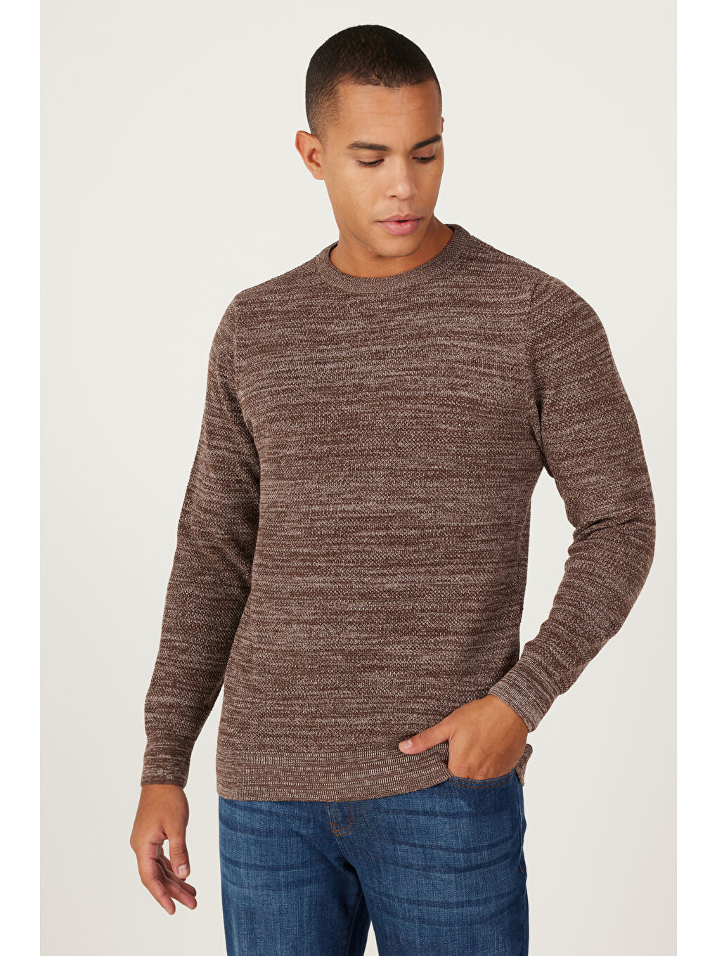 Kahverengi Erkek Kahve-Bej Recycle Standart Fit Normal Kesim Bisiklet Yaka Pirinç Örgü Desenli Triko-3